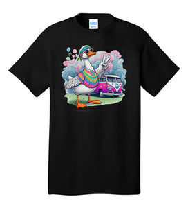 Psychedelic Hippie Goose T-Shirt holding Peace Sign, VW Bus, Colorful Goose Graphic Tee