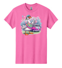 Load image into Gallery viewer, Psychedelic Hippie Goose T-Shirt holding Peace Sign, VW Bus, Colorful Goose Graphic Tee