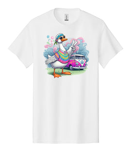 Psychedelic Hippie Goose T-Shirt holding Peace Sign, VW Bus, Colorful Goose Graphic Tee