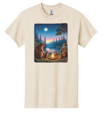 Load image into Gallery viewer, Bear Family Camping In Woods T-Shirt with Campfire and Moon - Great Camper Tee