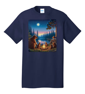 Bear Family Camping In Woods T-Shirt with Campfire and Moon - Great Camper Tee