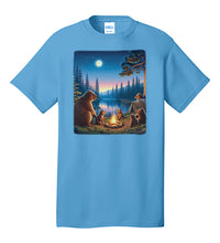 Load image into Gallery viewer, Bear Family Camping In Woods T-Shirt with Campfire and Moon - Great Camper Tee