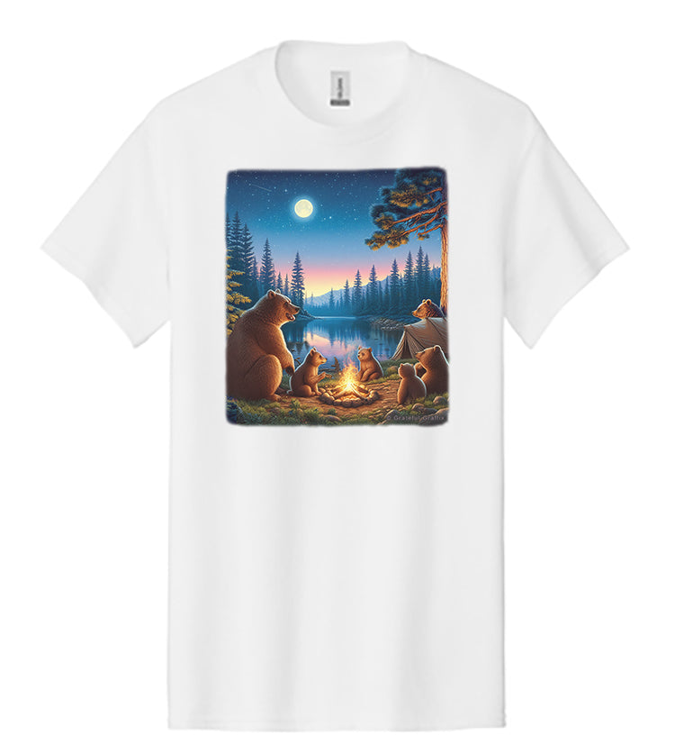 Bear Family Camping In Woods T-Shirt with Campfire and Moon - Great Camper Tee