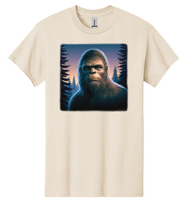 Realistic Bigfoot Face T-shirt Sasquatch in Woods at Night with Trees and Moon