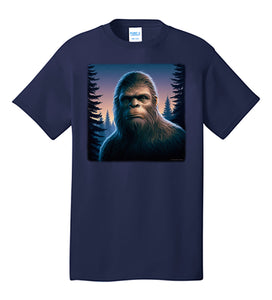 Realistic Bigfoot Face T-shirt Sasquatch in Woods at Night with Trees and Moon