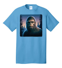 Load image into Gallery viewer, Realistic Bigfoot Face T-shirt Sasquatch in Woods at Night with Trees and Moon
