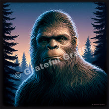 Load image into Gallery viewer, Realistic Bigfoot Face T-shirt Sasquatch in Woods at Night with Trees and Moon