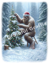 Load image into Gallery viewer, Bigfoot Christmas T-Shirt Lonely Sasquatch Decorating a Christmas Tree Wearing a Santa Hat in a Forest With Snow