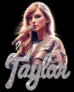 Taylor Swift Likeness Exclusive Art Graphic T-Shirt - Taylor with Microphone and Bling Name