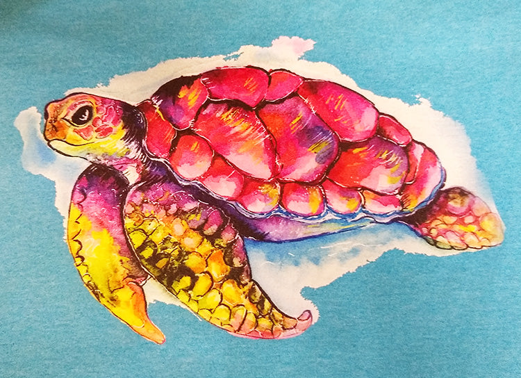 Colorful Ocean Sea Turtle Graphic Printed T-Shirt - Comes on White or Heather Blue shirts.