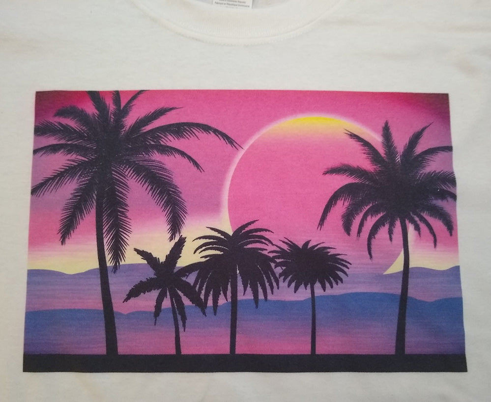 Pink Sunset with Palm Trees Graphic Printed T-Shirt