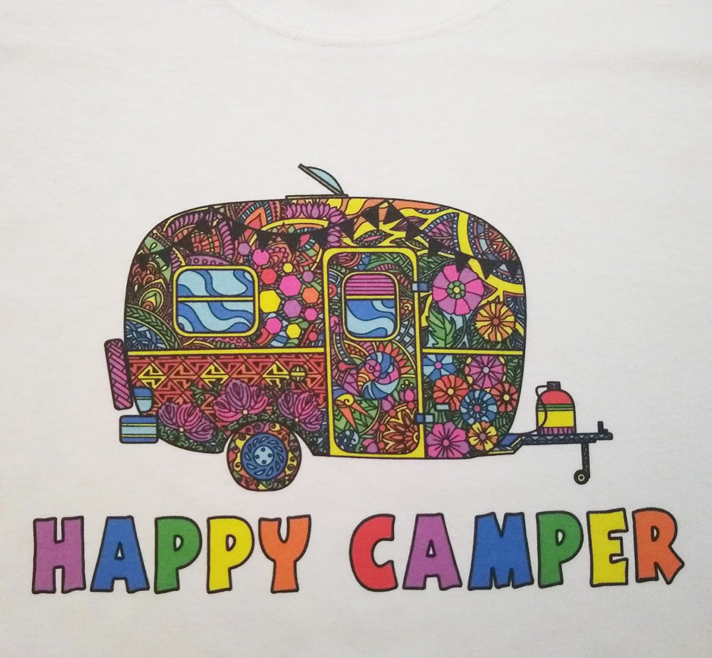 Colorful Happy Camper Graphic Printed Camping T-Shirt