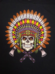 Native American Warrior Skull Headdress Feathers Graphic Printed T-Shirt