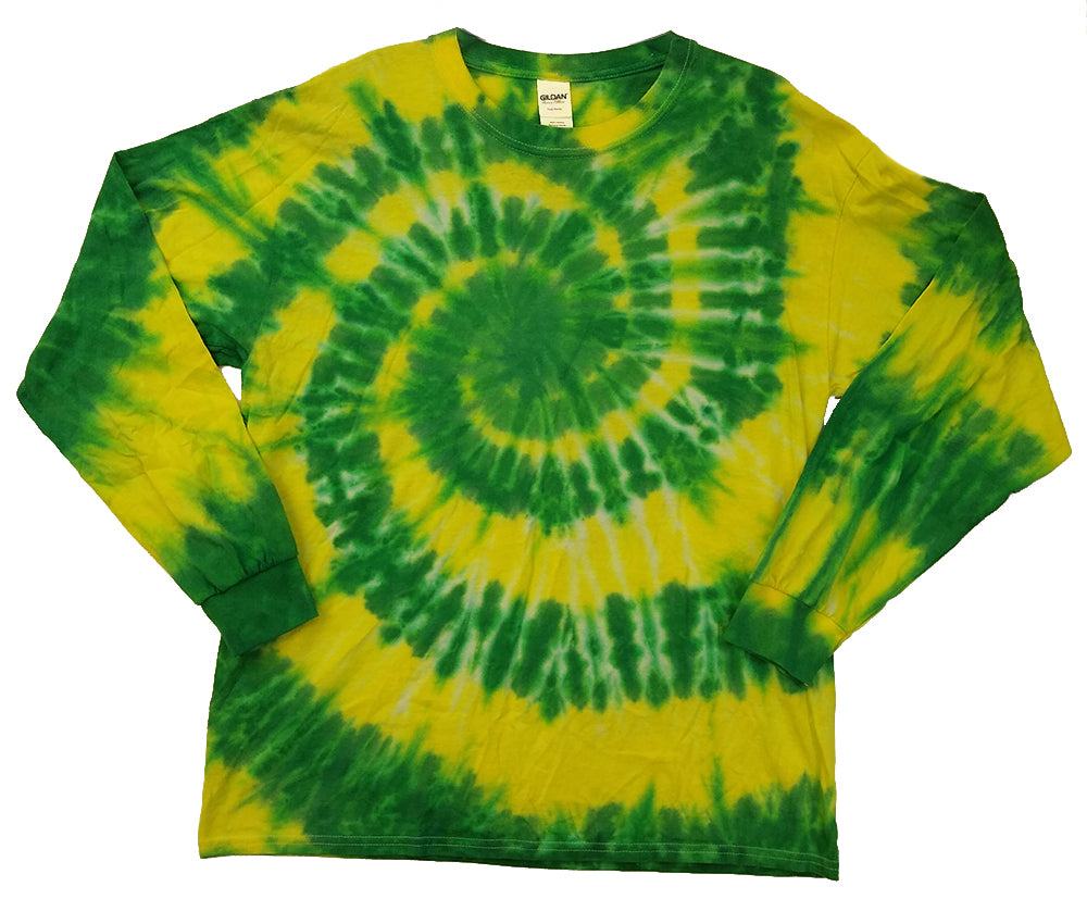 Adult Unisex Long Sleeve Tie-Dye T-Shirt 100% Cotton - Oregon Ducks Green Yellow Spiral