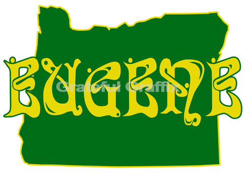 Adult Eugene Oregon Printed T-Shirt - Green and Yellow State and Name - 100% Cotton