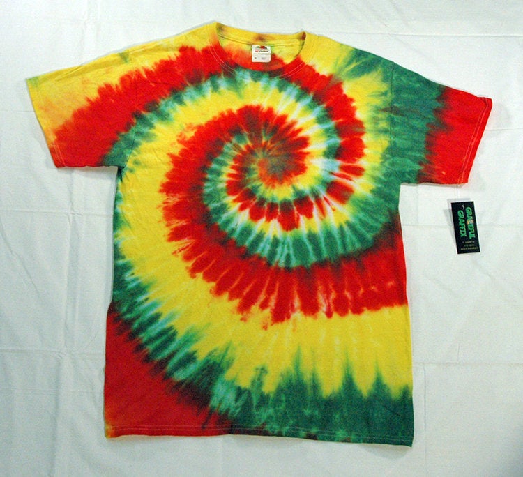 Adult  Rasta Reggae Tie-Dye T-Shirt 100% Cotton - Red Green Yellow Spiral