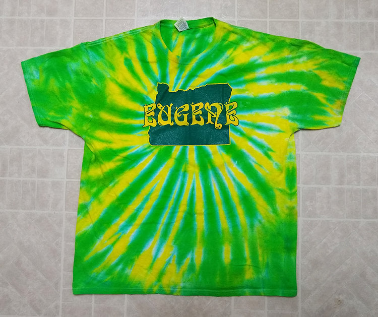Adult Eugene Oregon Tie-Dye Printed T-Shirt - Green and Yellow State and Name - 100% Cotton