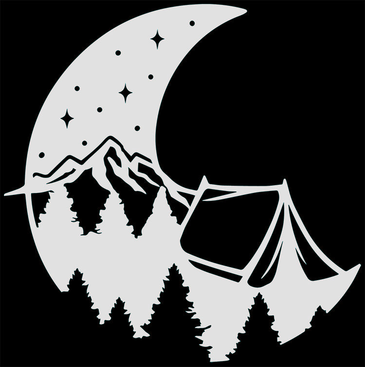 Moon Mountains Tent Camping Vinyl Decal Sticker for Cars, Windows, Signs, Etc.