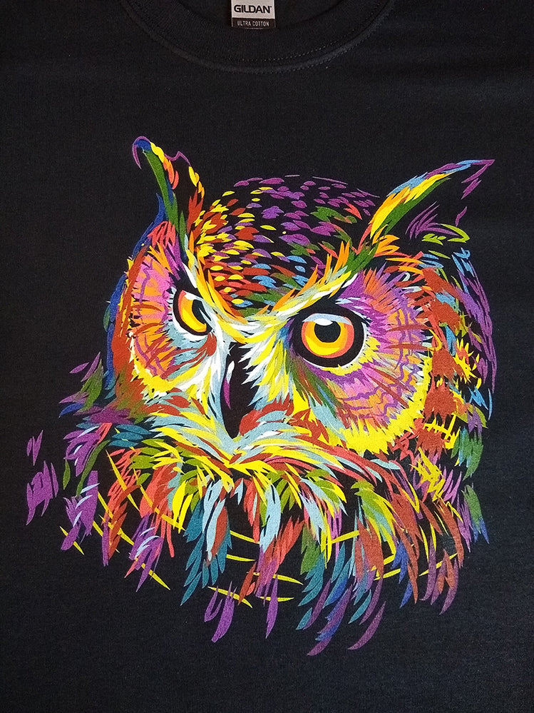 Owl Head Colorful Bird Feathers Graphic Printed T-Shirt