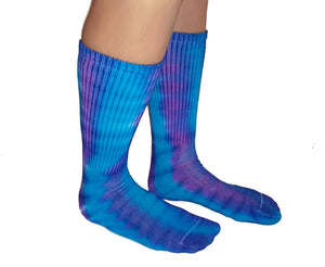 Tie-Dye Cotton Socks - Purple and Turquoise Colors - Crew Length - Fits Sizes 6-12